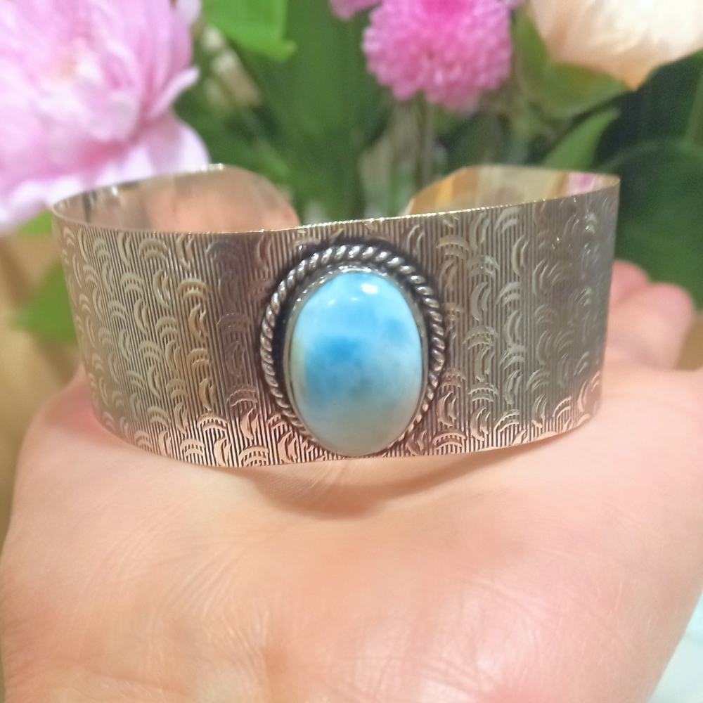 Caribbean Larimar Gemstone Silver Cuff Bracelet